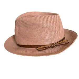 Anthropologie Pink Straw Fedora with Brown Bow Band